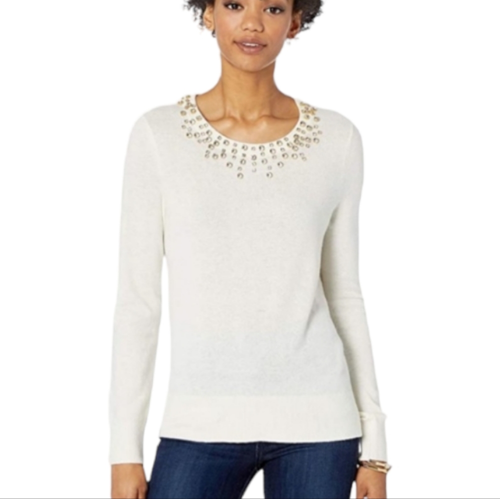 Lilly Pulitzer Odetta Sweater Womens Medium White Rhinestone Crew Pullover Top